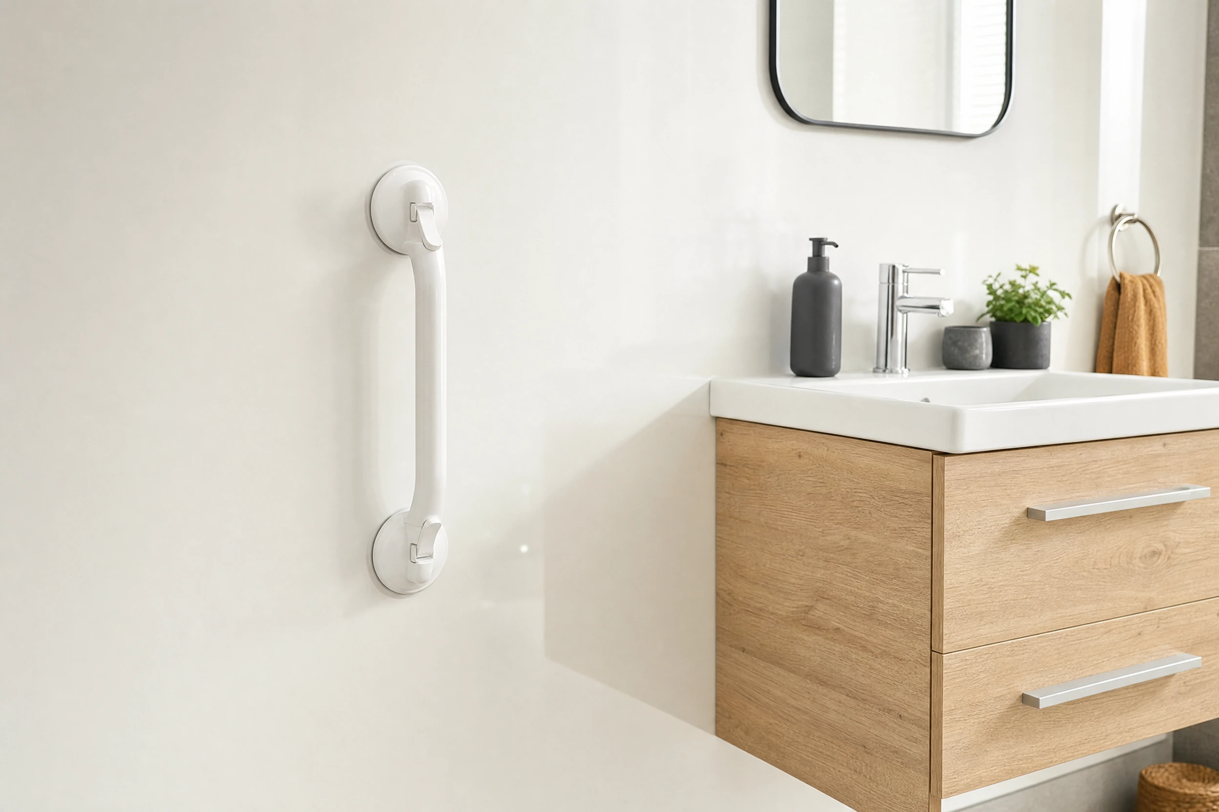 Illustrative suction-handle scene on a smooth bathroom surface