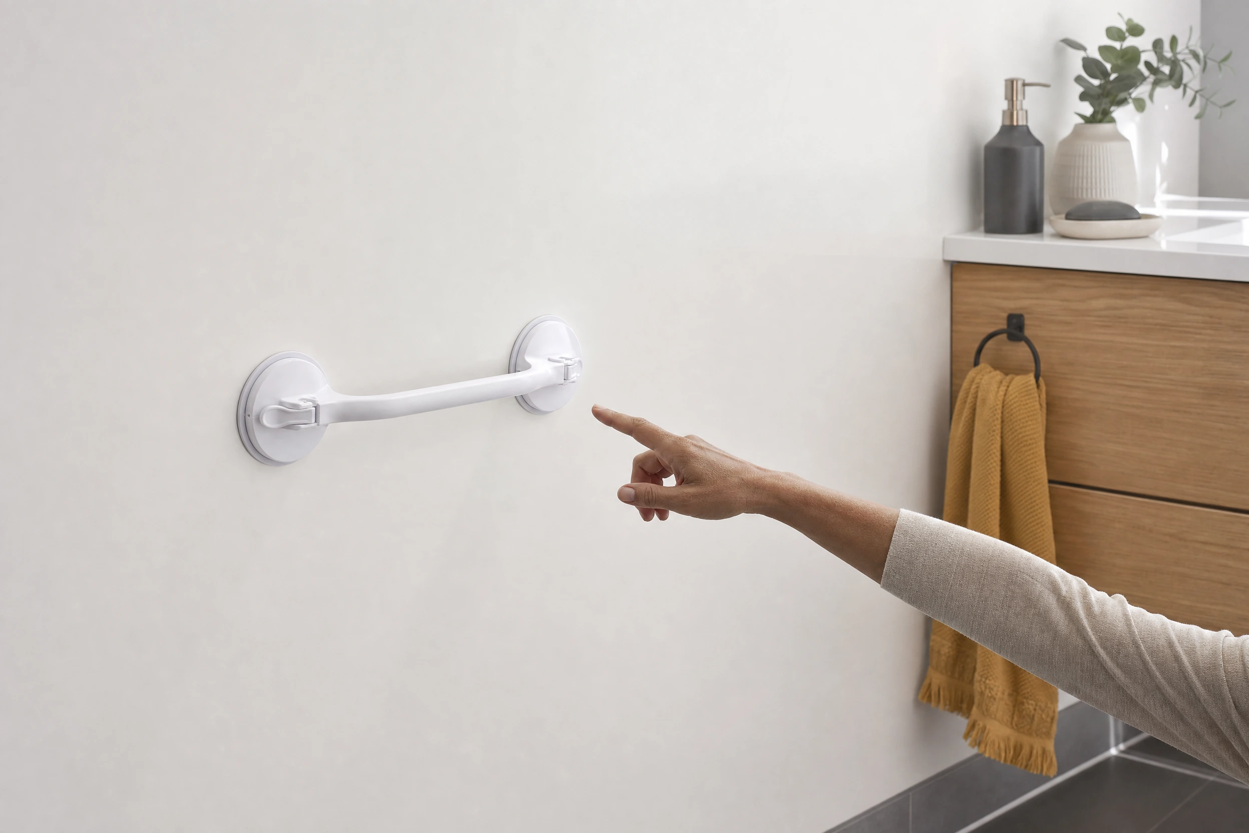 Illustrative suction-handle scene on a smooth bathroom surface