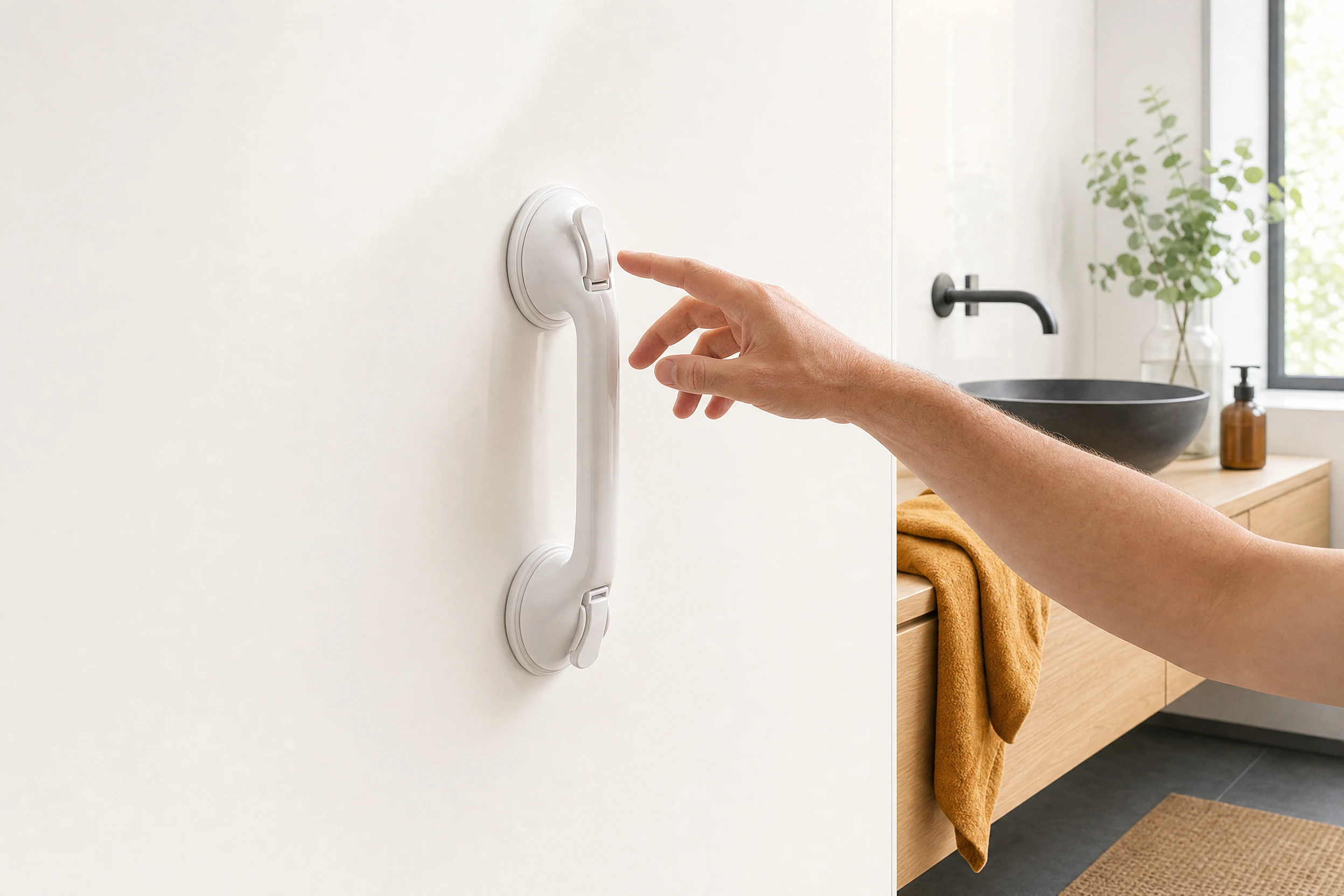 Illustrative suction-handle scene on a smooth bathroom surface