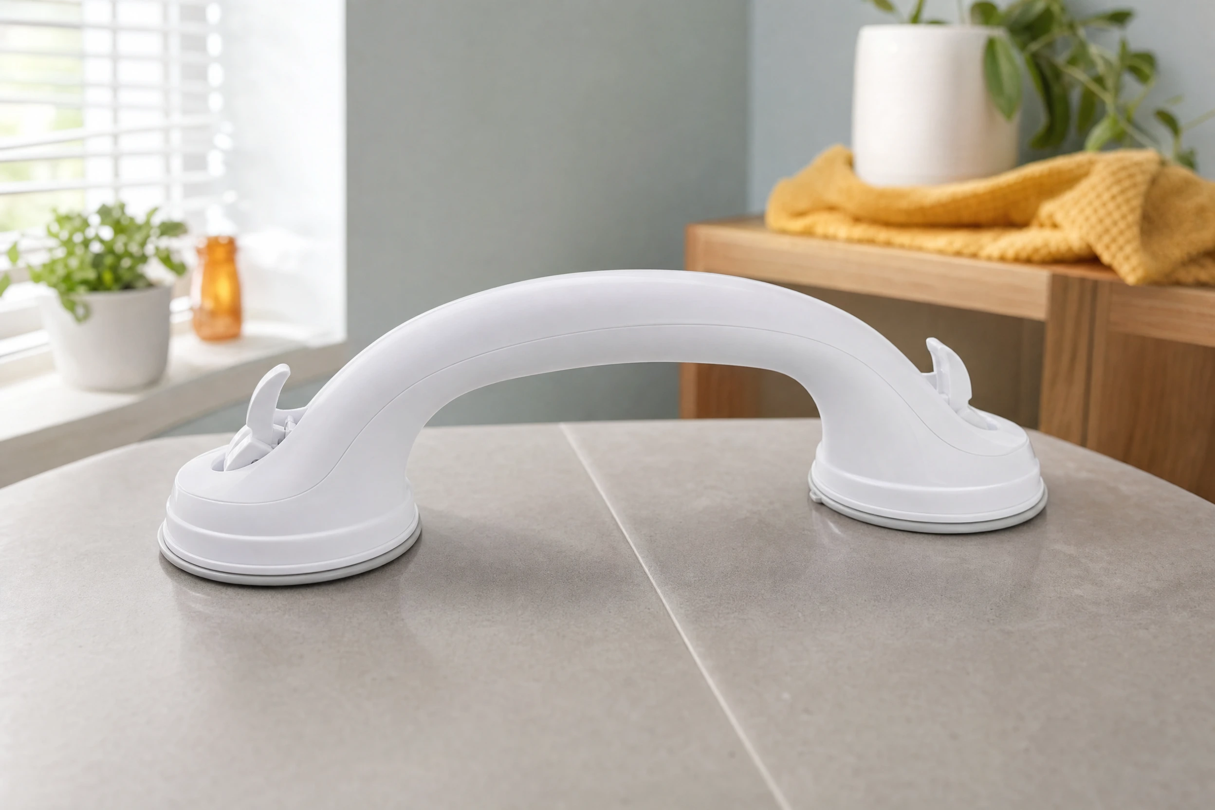 Illustrative suction-handle scene on a smooth bathroom surface