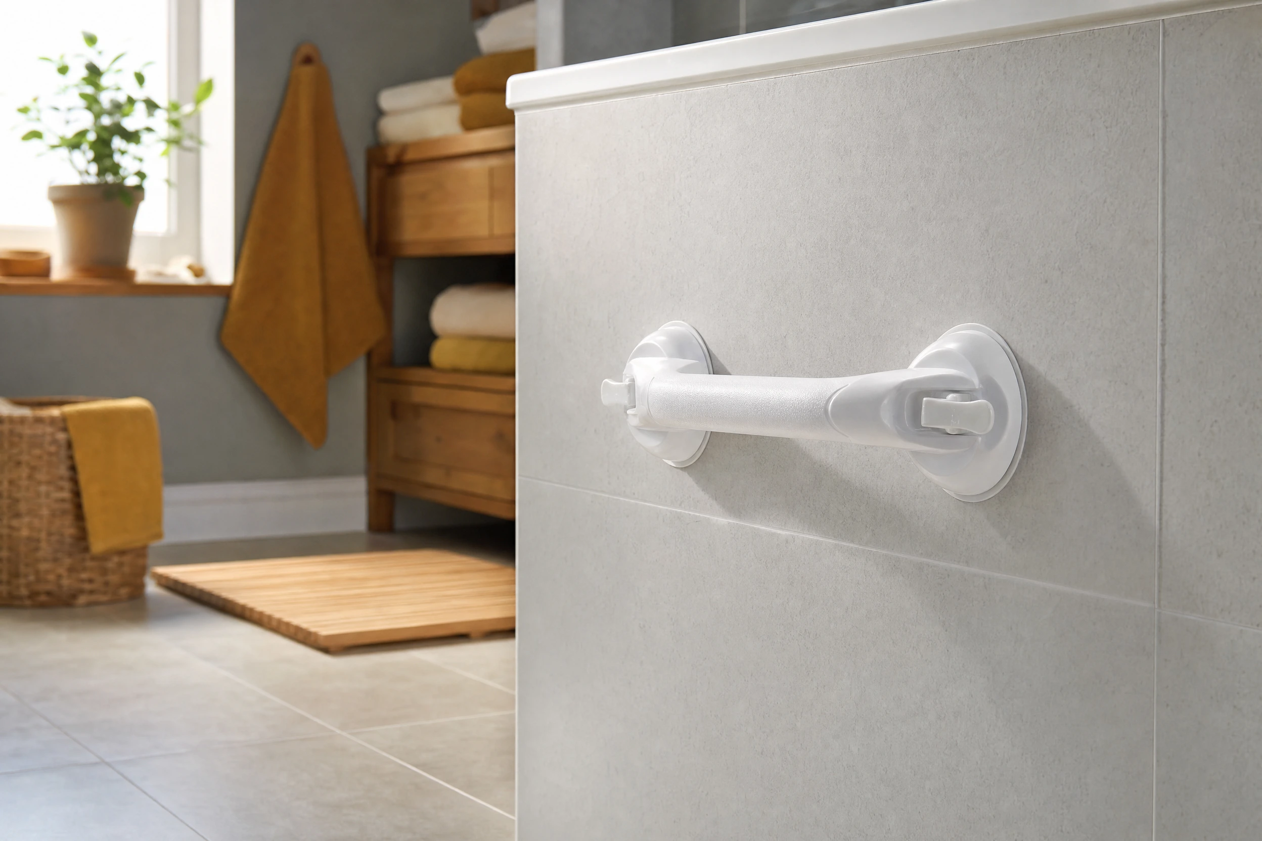 Illustrative suction-handle scene on a smooth bathroom surface
