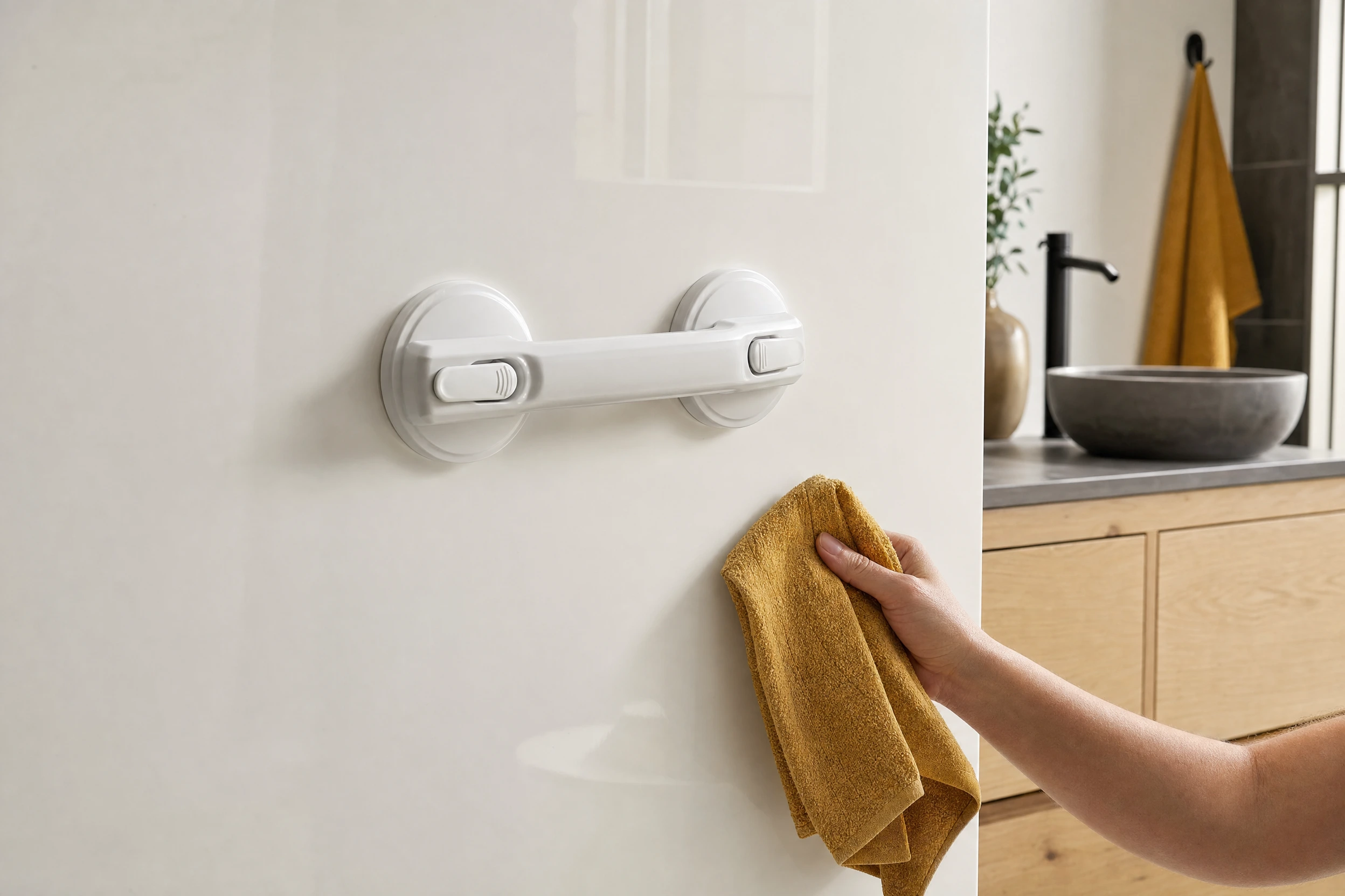 Illustrative suction-handle scene on a smooth bathroom surface